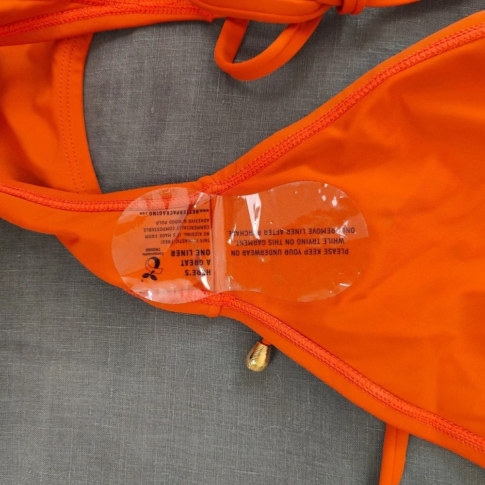 Koraru‎ Womens Bikini Bottoms Small Orange Side Tie Gold Hardware Eco Friendly